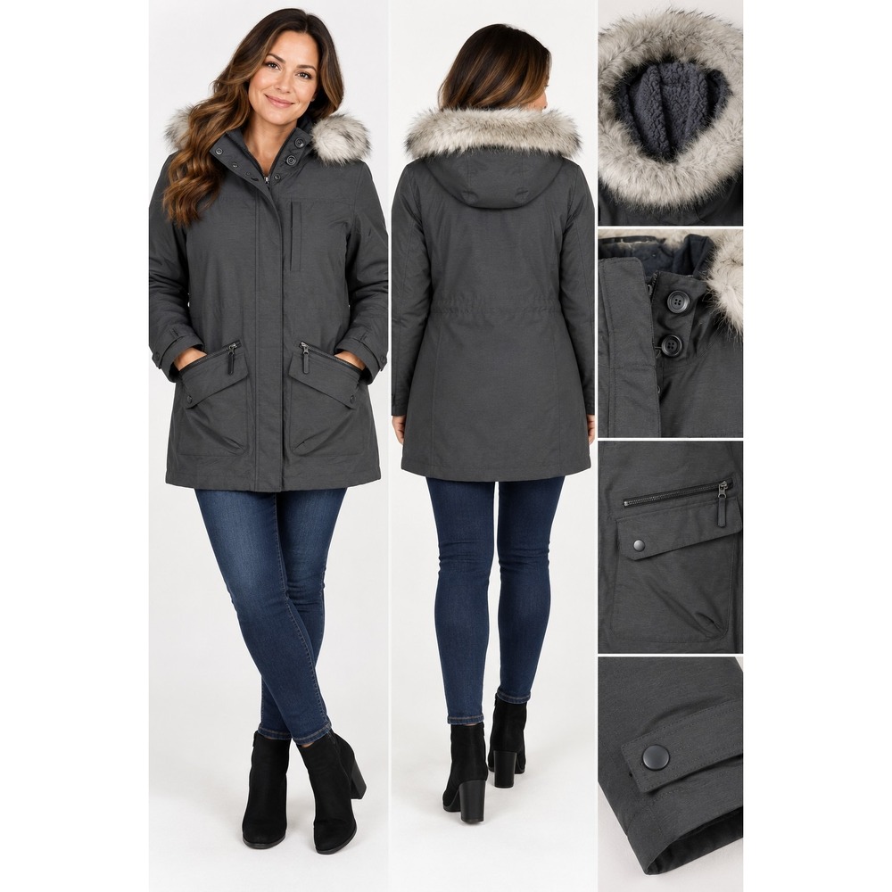 Columbia Interchange Women's L Gray Mid-Length Parka Jacket Hooded Faux Fur 3N1